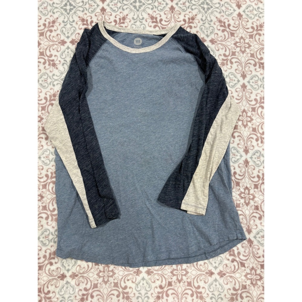 Express One Eleven Mens Raglan Baseball Tee Blue Grey Colorblock Medium